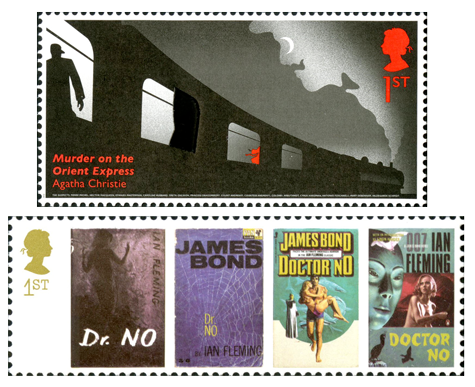 Two stamps, one depicting an illustration of Murder on the Orient Express and the other consists of 4 book covers of Dr. No.