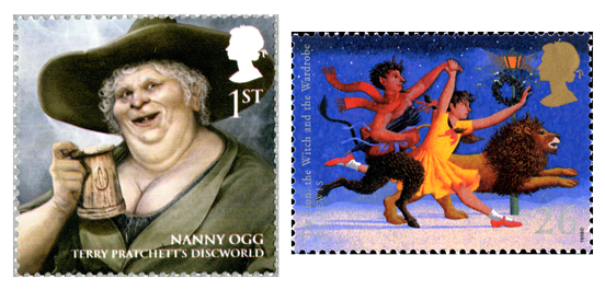 Two stamps depicting a female charcter from Terry Pratchett's Discworld stories and an illustration of the story the Lion the Witch and the Wardrobe.