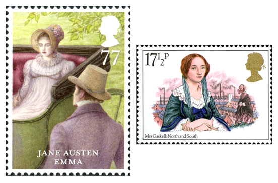 Two stamps, one depicting a scene from Jane Austen's Emma and the other is an illustration of Elizabeth Gaskell with her character Margaret Hale in the background.