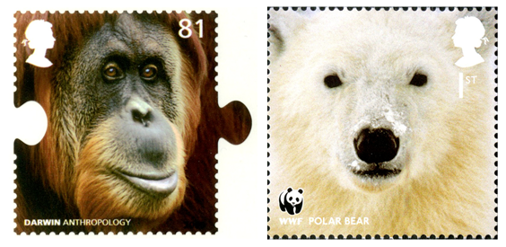 Two stamps; one depicting an orangutan and the other a polar bear.