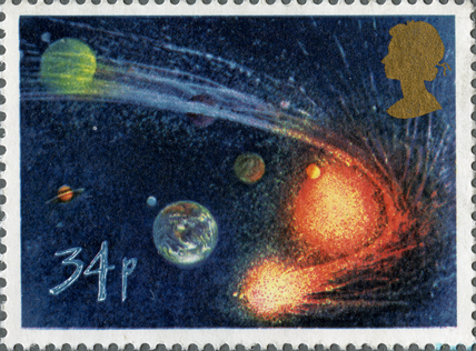 A stamp depicting an image of a comet orbiting the sun producing a tail.