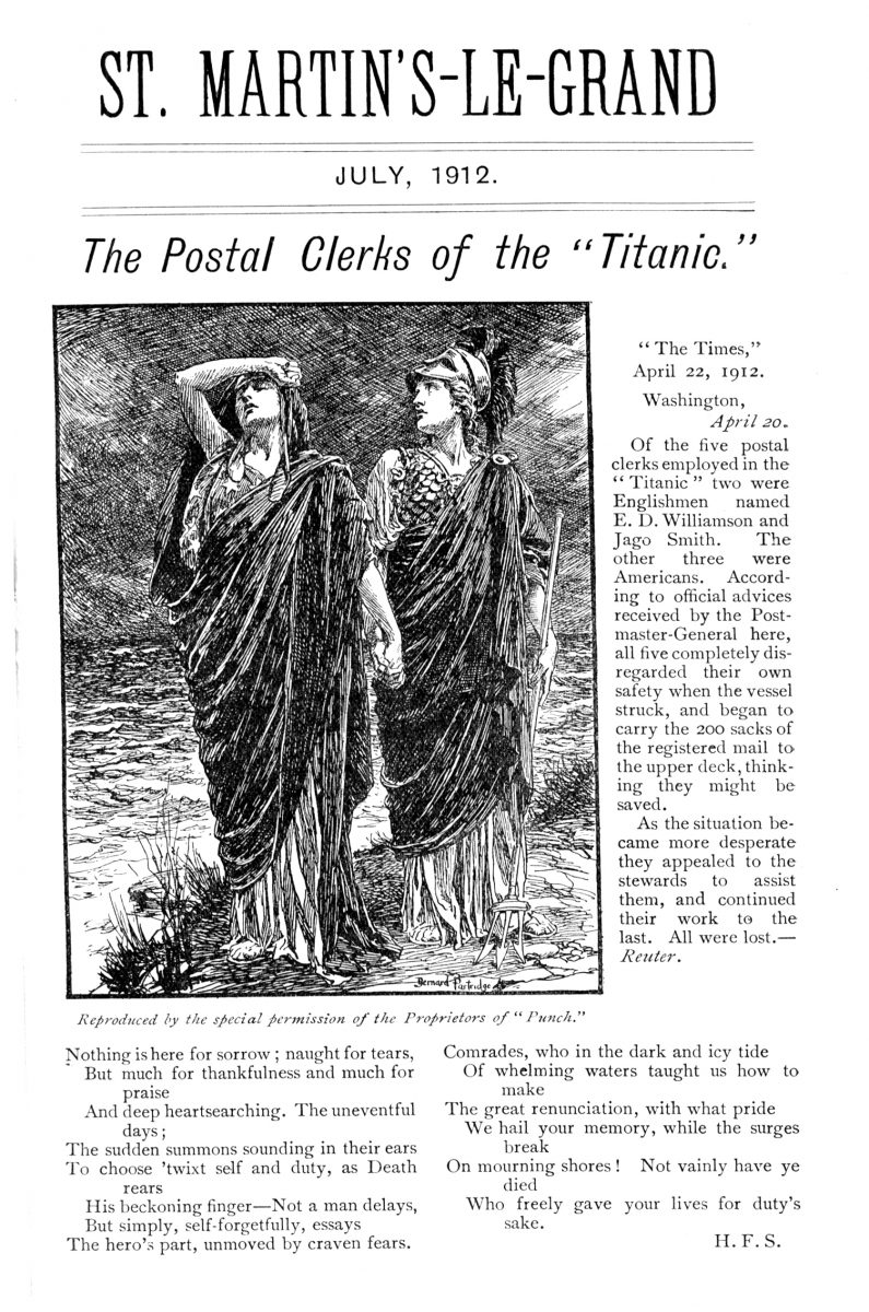 A page of a magazine with columnf of text and an illustration of two figures standing beside water. The headline says 'The Postal Clerks of the Titanic'.