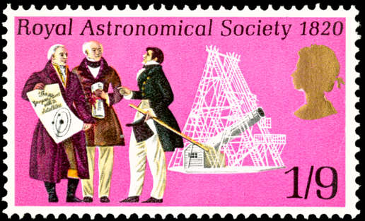 A stamp depicting scientists in front of a telescope. 