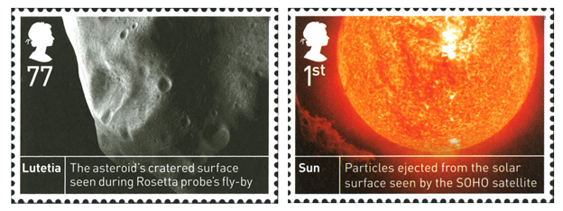 Two stamps; one depicting an asteroid called Lutetia and the other is an image of the sun.