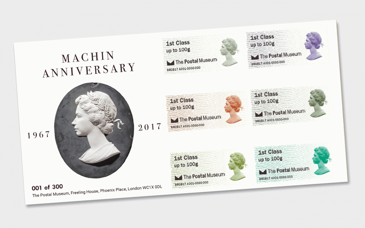 An image of the front cover of the Machin Anniversary First Day Cover
