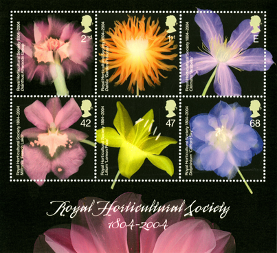 A miniature sheet depicting six images of flowers to celebrate the Royal Horticultural Society.