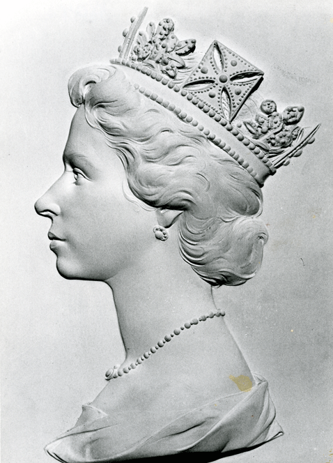 An image of the plaster cast portrait of Queen Elizabeth II produced for stamps