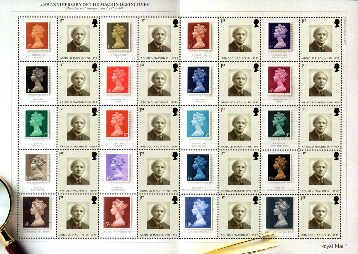 A sheet which consists of different colour Machin stamps and images of or Arnold Machin