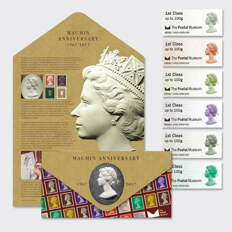 An image of the Machin Anniversary Edition Presentation Pack with both stamps and inside text