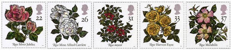 Five stamps depicting different varieties of roses.