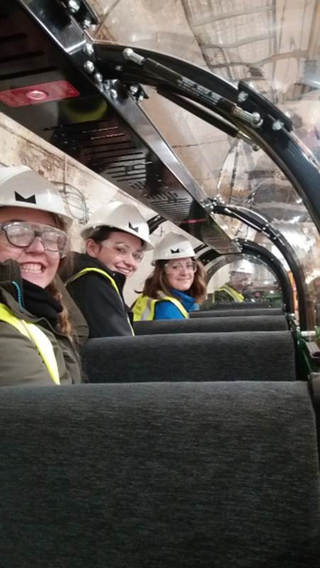 Davide, Lauren (Head of Operations), Tash and Penny learning to drive Mail Rail trains