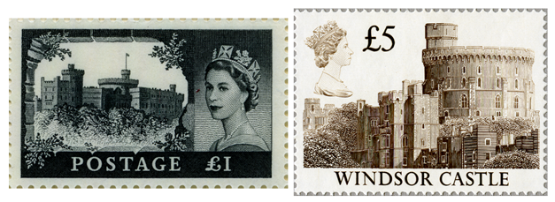 Two stamps depicting Windsor Castle from 1955 and 1988.