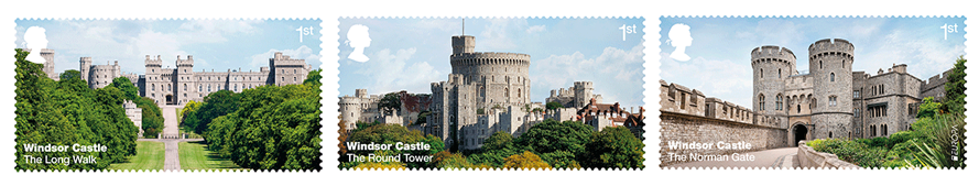 Three stamps depicting external images of Windsor Castle from the 2017 stamp issue.