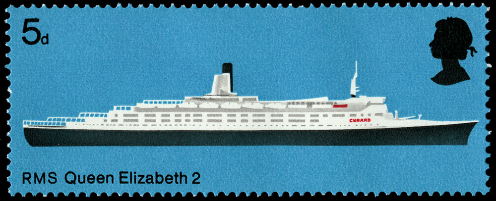 The stamp depicts an image of the ocean liner Queen Elizabeth 2 on a blue background with a value of 5d.