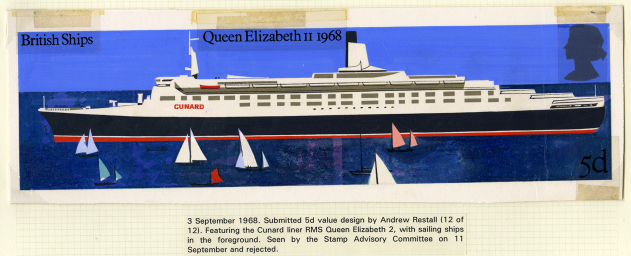 A stamp design by Andrew Restall for the Queen Elizabeth II stamp for the British stamp issue of 1969, depicting the ocean liner surrounded by smaller boats.