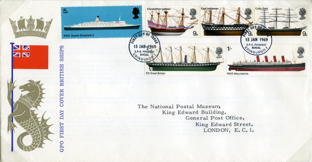 Image of a first day cover for the British Ships issue of 1969 postmarked Edinburgh 1969.