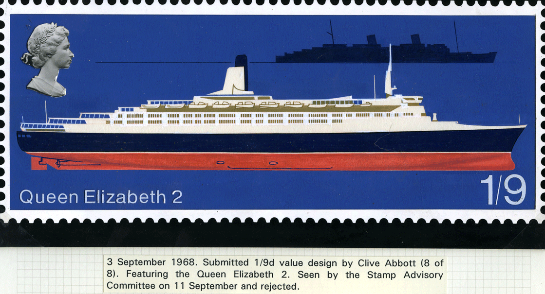 A stamp design by Clive Abbott for the Queen Elizabeth 2 stamp for the British Ships issue of 1969, depicting the ship with a smaller silhouette above. 