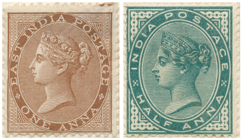 Two stamps of Queen Victoria used in British India, one with the words East India Postage and the other simply India Postage.