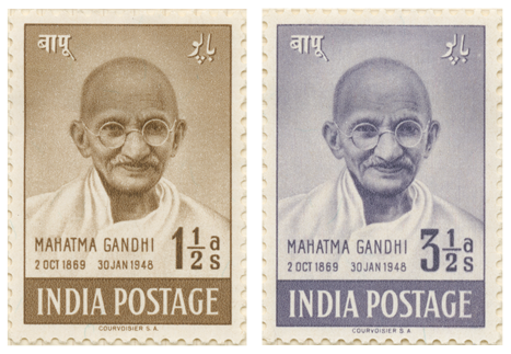 Two stamps depicting images of Mahatma Gandhi for the first anniversary of Indian Independence.