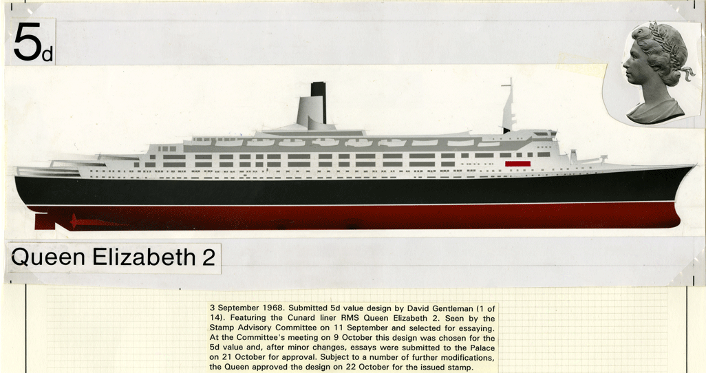 A stamp design by David Gentleman for the Queen Elizabeth II stamp for British Ships issue of 1969, depicting the ship on a white background.