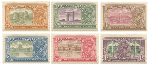 Six stamps for British India depicting sites connected with the inauguration of New Delhi.