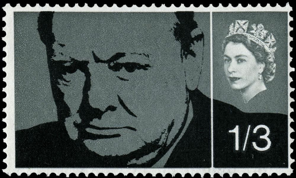 Stamp depicting a close up portrait of Winston Churchill.