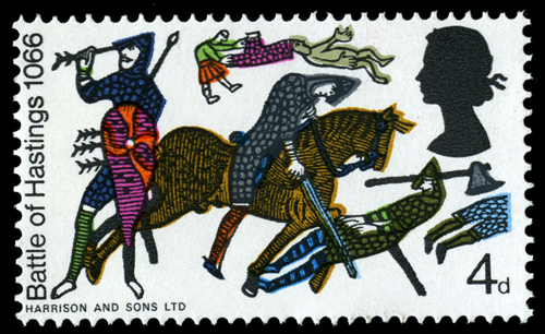 Stamp depicting a scene from the Battle of Hastings when King Harold is shot in the eye.