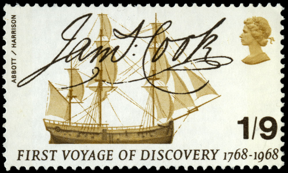 Stamp depicting an image of a sailing ship and Captain James Cook's signature.