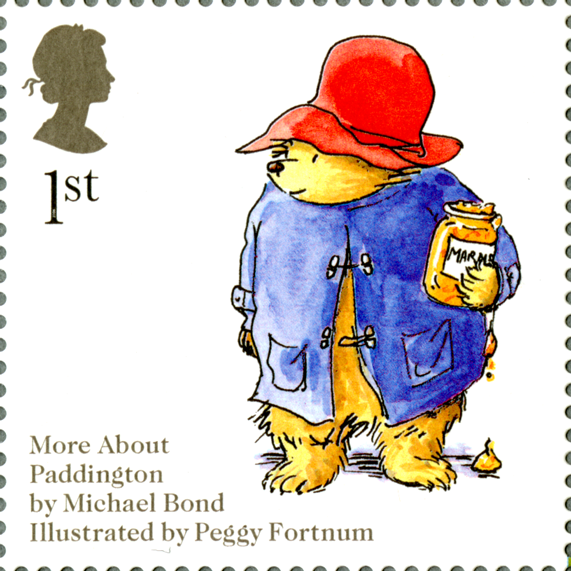Stamp depicting an illustration of Paddington Bear by Peggy Fortnum.