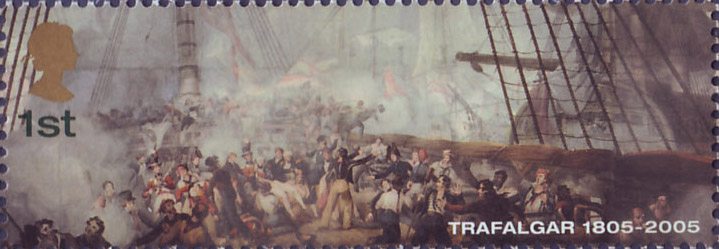 Stamp depicting Nelson wounded at the Battle of Trafalgar in part of the Panorama by William Heath.