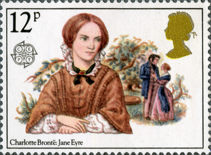 Stamp depicting an illustration of Charlotte Bronte in the foreground and Jane Eyre in the back.