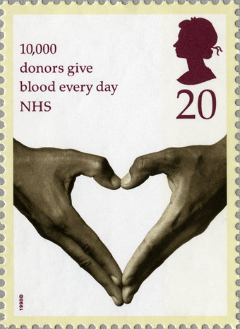 Stamp depicting two hands joined to make the shape of a heart for the NHS.