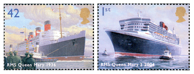 Two stamps depicting the Cunard ships RMS Queen Mary and RMS Queen Mary 2 from the Ocean Liners stamp issue of 2004.