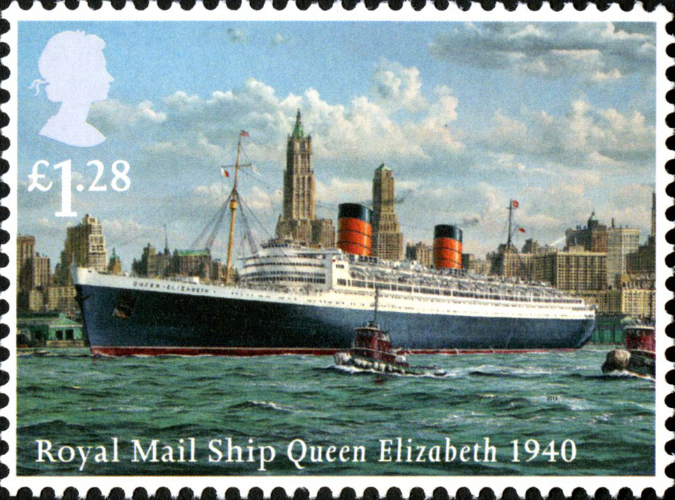 Stamp depicting the Cunard ship RMS Queen Elizabeth in 1940 for the Merchant Navy stamp issue of 2013.