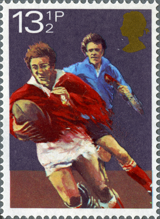 Stamp depicting two men playing rugby.