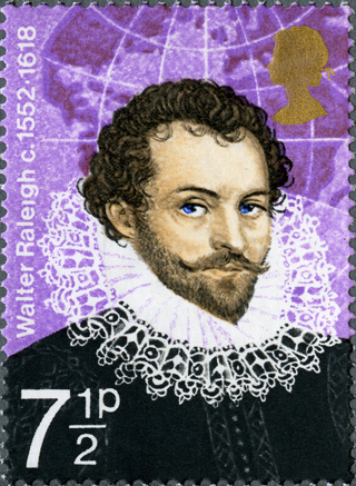 Stamp depicting an illustration of Sit Walter Raleigh.