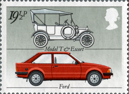 Stamp depicting the Ford Model T and the Ford Escort