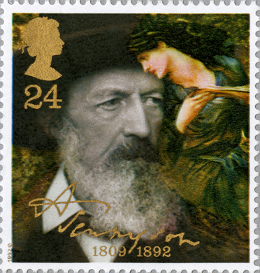 Stamp depicting a portrait of Alfred Lord Tennyson and a painting by Edmund Burne Jones.