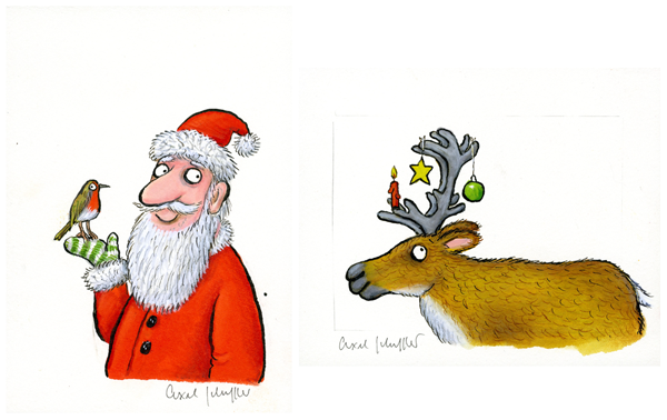 Two paintings; one of Father Christmas holding a robin and the other of a reindeer.