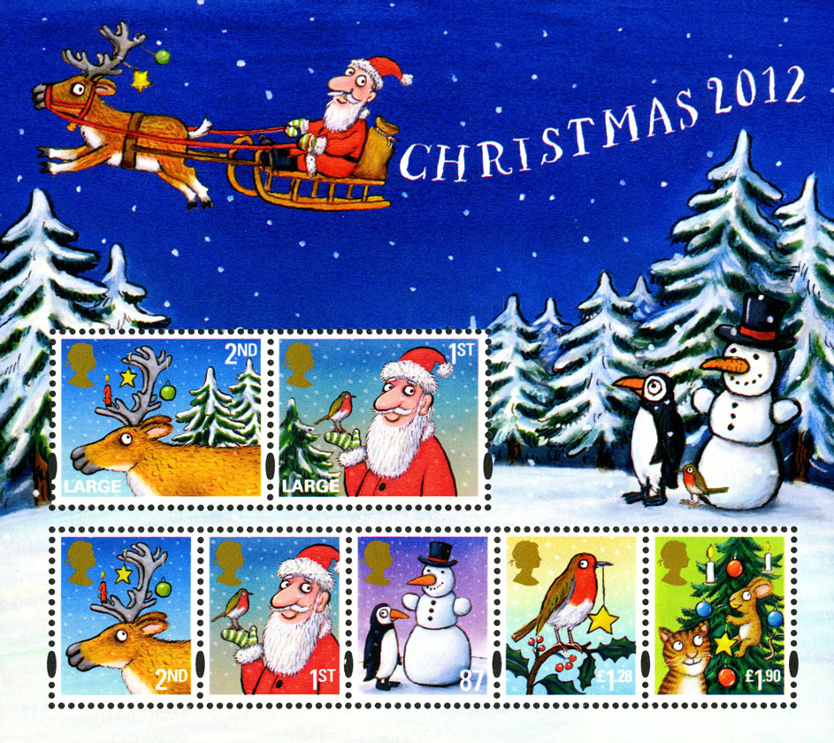 Miniature sheet of seven stamps consisting of Father Christmas, a snowman and a robin.