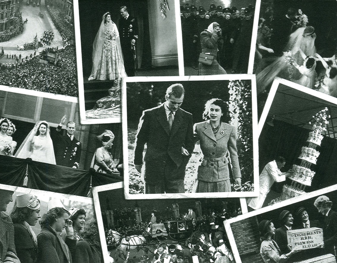 Miniature sheet reverse with black and white photos of the Queen's engagement and wedding.