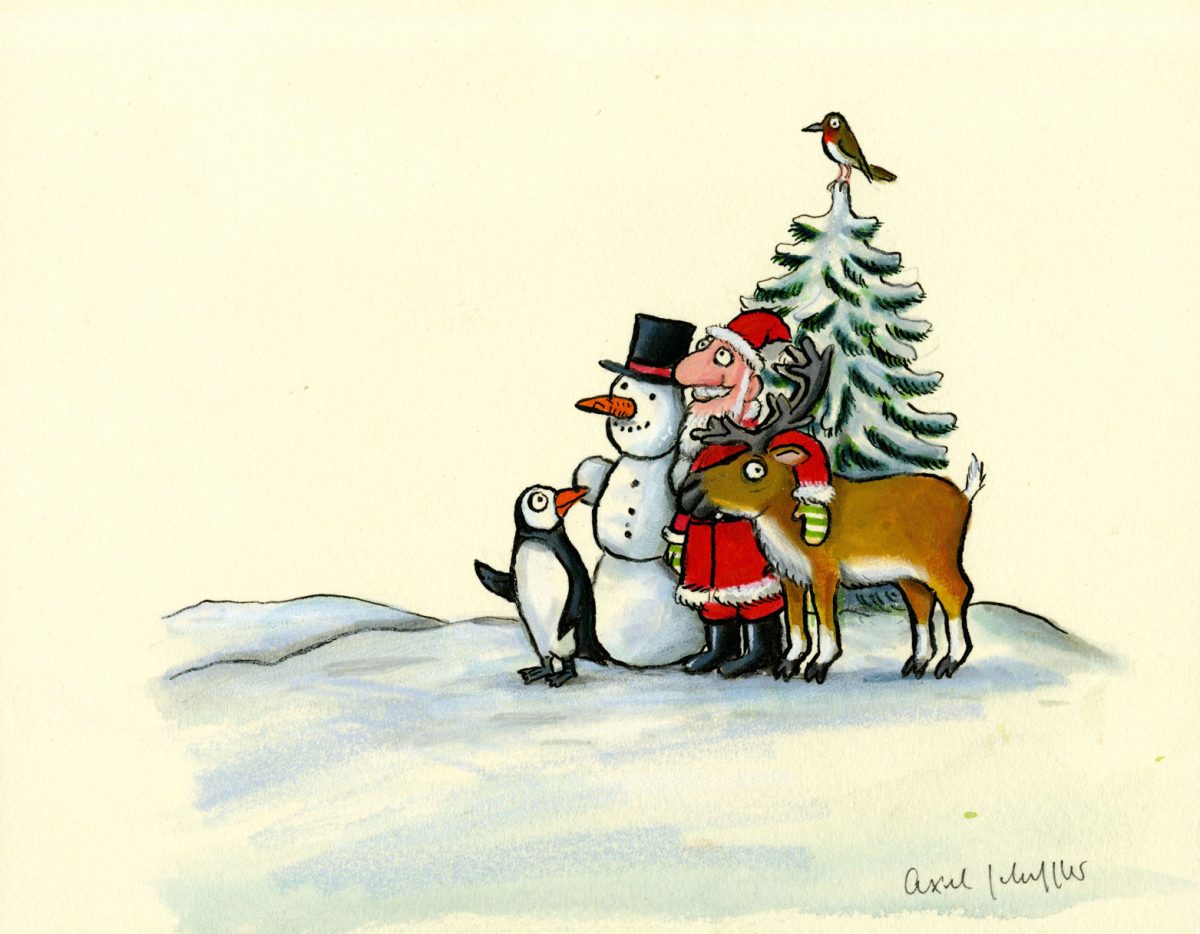 Painting of Father Christmas along with a snowman, penguin and a reindeer by atree.