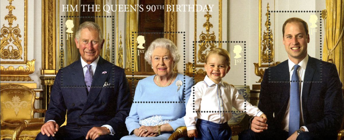 Miniature sheet of the Queen, Prince Charles, Prince William and Prince George.