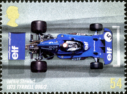 Stamp depicting an image of Jackie Stewart in a 1973 Tyrrell 006/2.