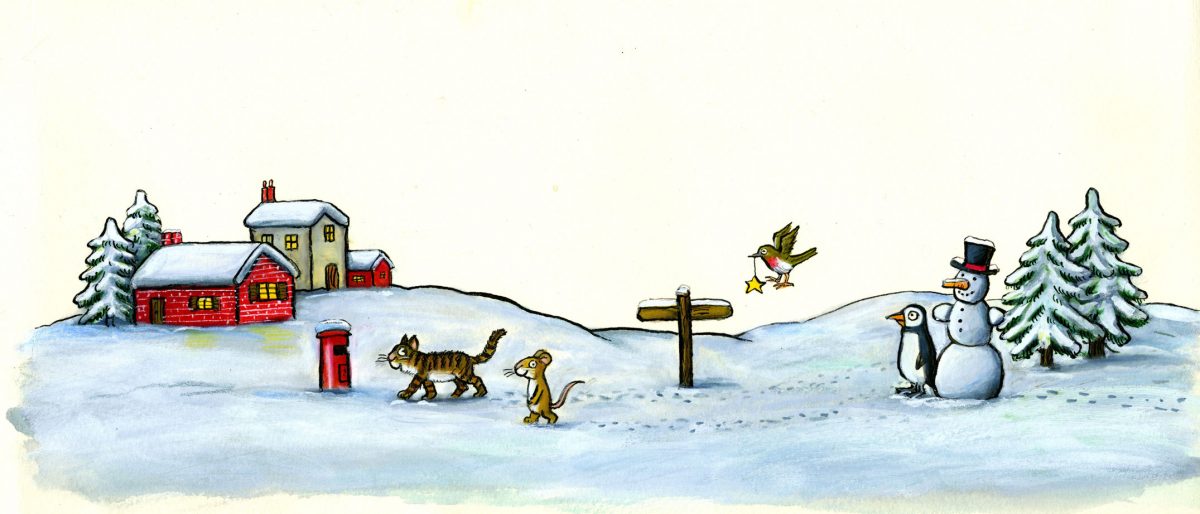 Painting of a cat, mouse, penguin and snowman in a snowy scene.