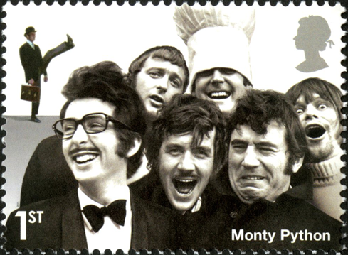 Stamp depicting the members of Monty Python, one wearing a chief's hat.