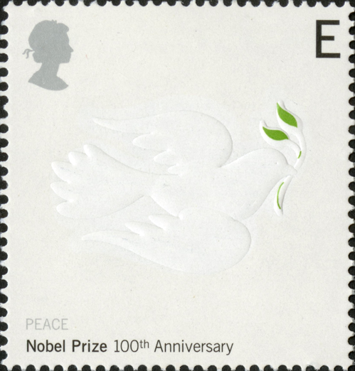 Stamp with an embossed image of a dove holding an olive branch.