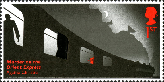 Stamp depicting the Orient Express in motion with passengers