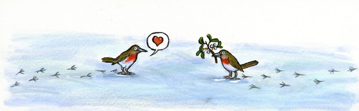 Painting of two robins with mistletoe.