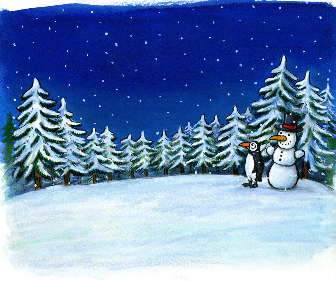 Painting of a snowman and penguin in the forest with trees.